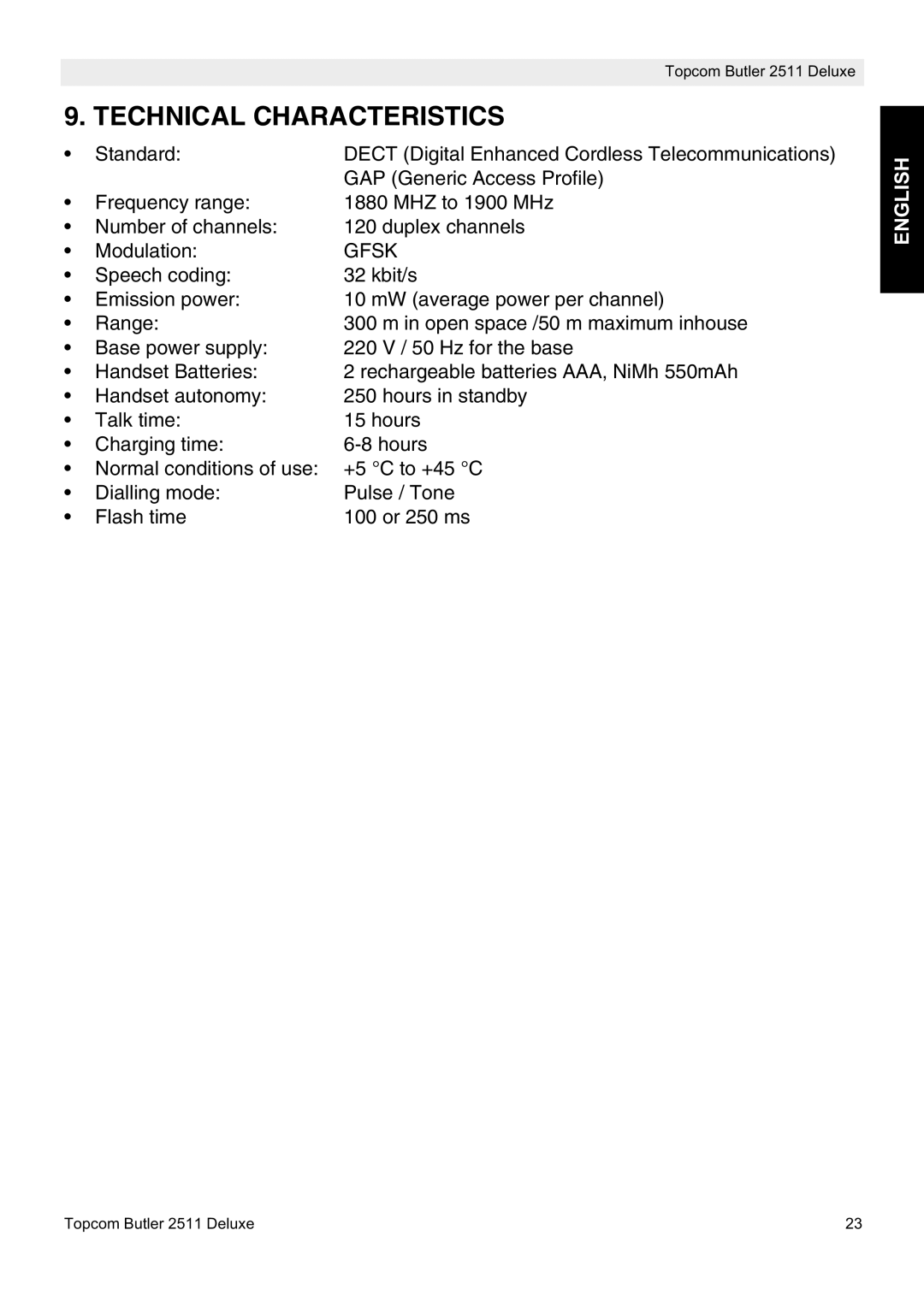 Topcom 2511 manual Technical Characteristics, Gfsk 