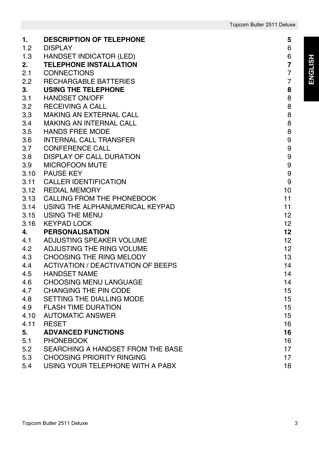 Topcom 2511 Description of Telephone, Telephone Installation, Using the Telephone, Personalisation, Advanced Functions 