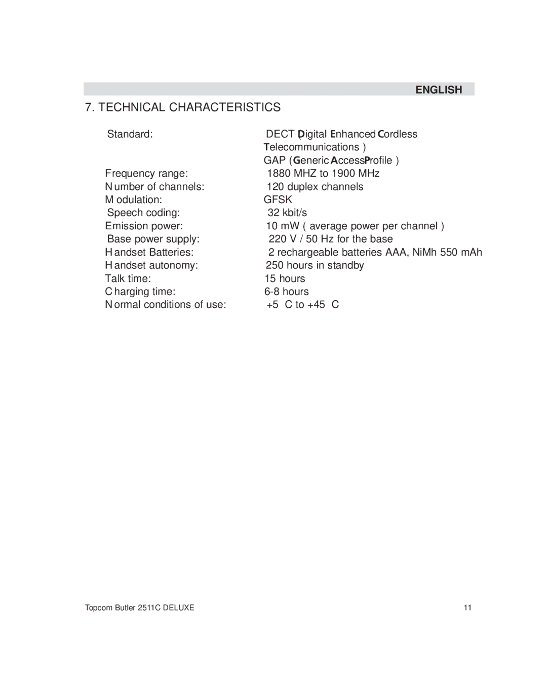 Topcom 2511C manual Technical Characteristics, Gfsk 