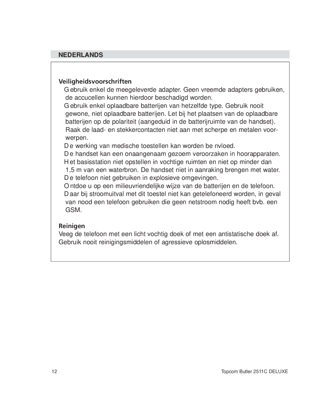 Topcom 2511C manual Veiligheidsvoorschriften, Reinigen 