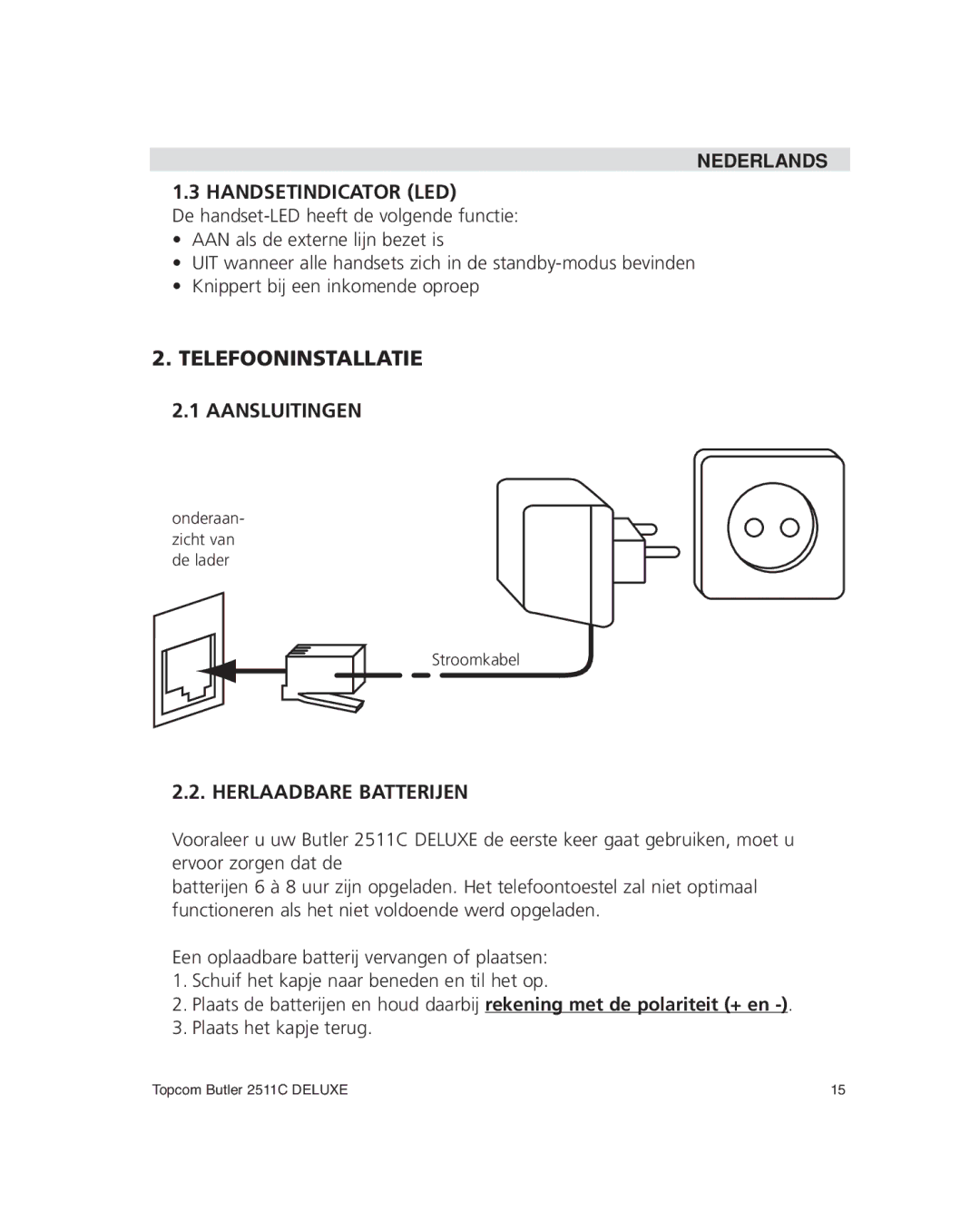 Topcom 2511C manual Handsetindicator LED, Telefooninstallatie Aansluitingen, Herlaadbare Batterijen 