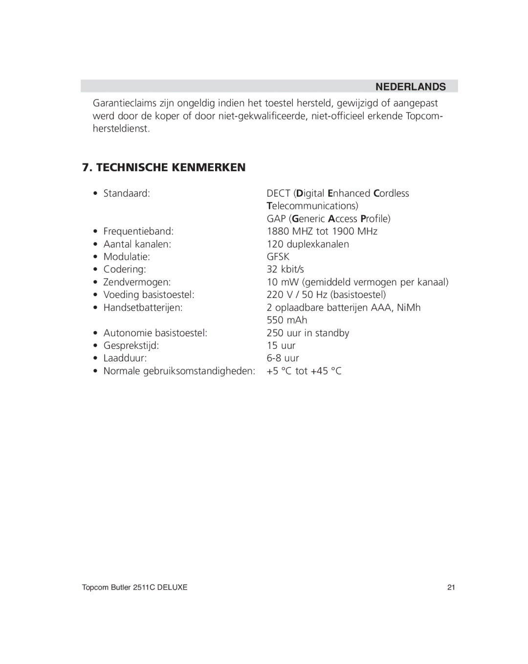 Topcom 2511C manual Technische Kenmerken 