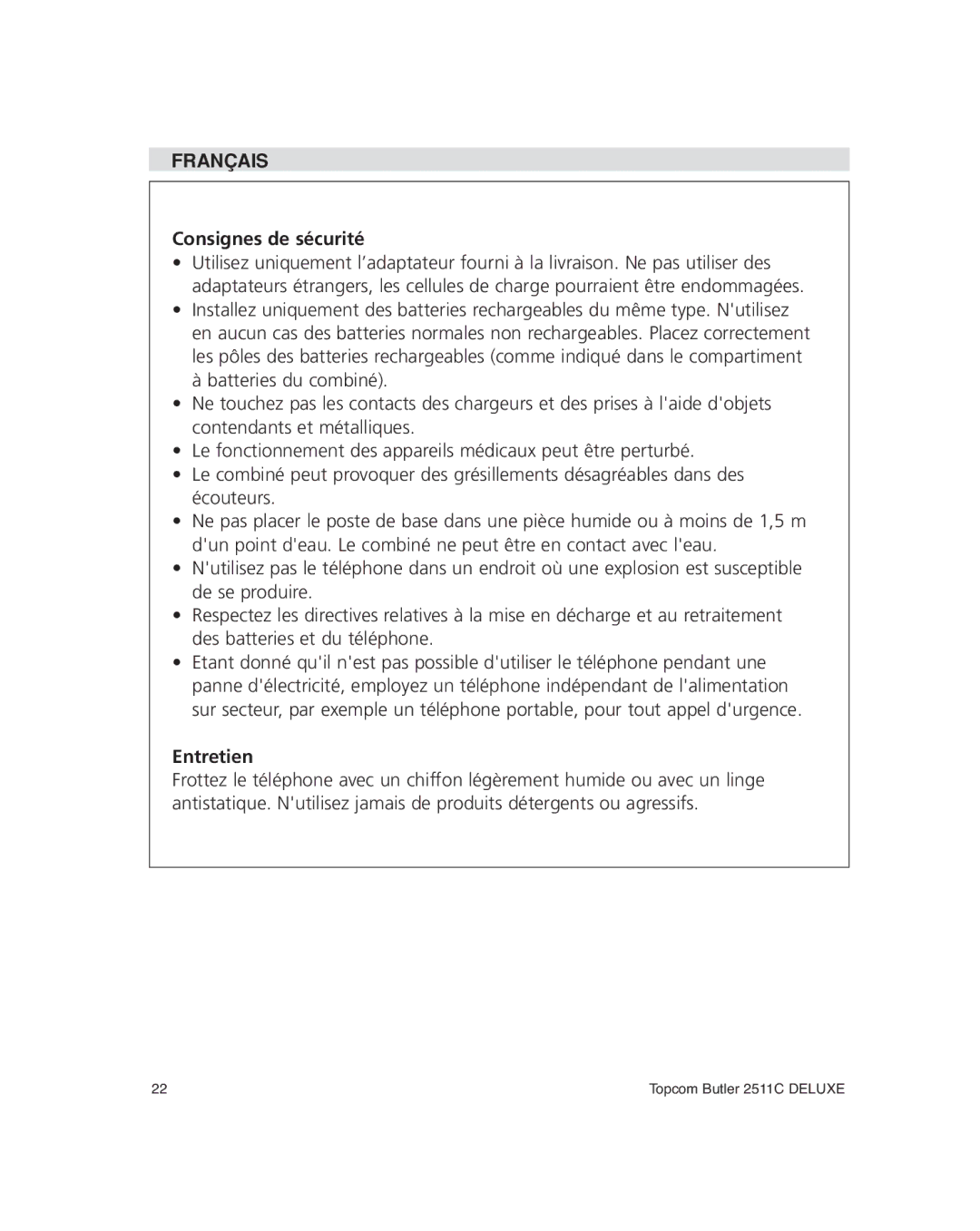 Topcom 2511C manual Consignes de sécurité, Entretien 