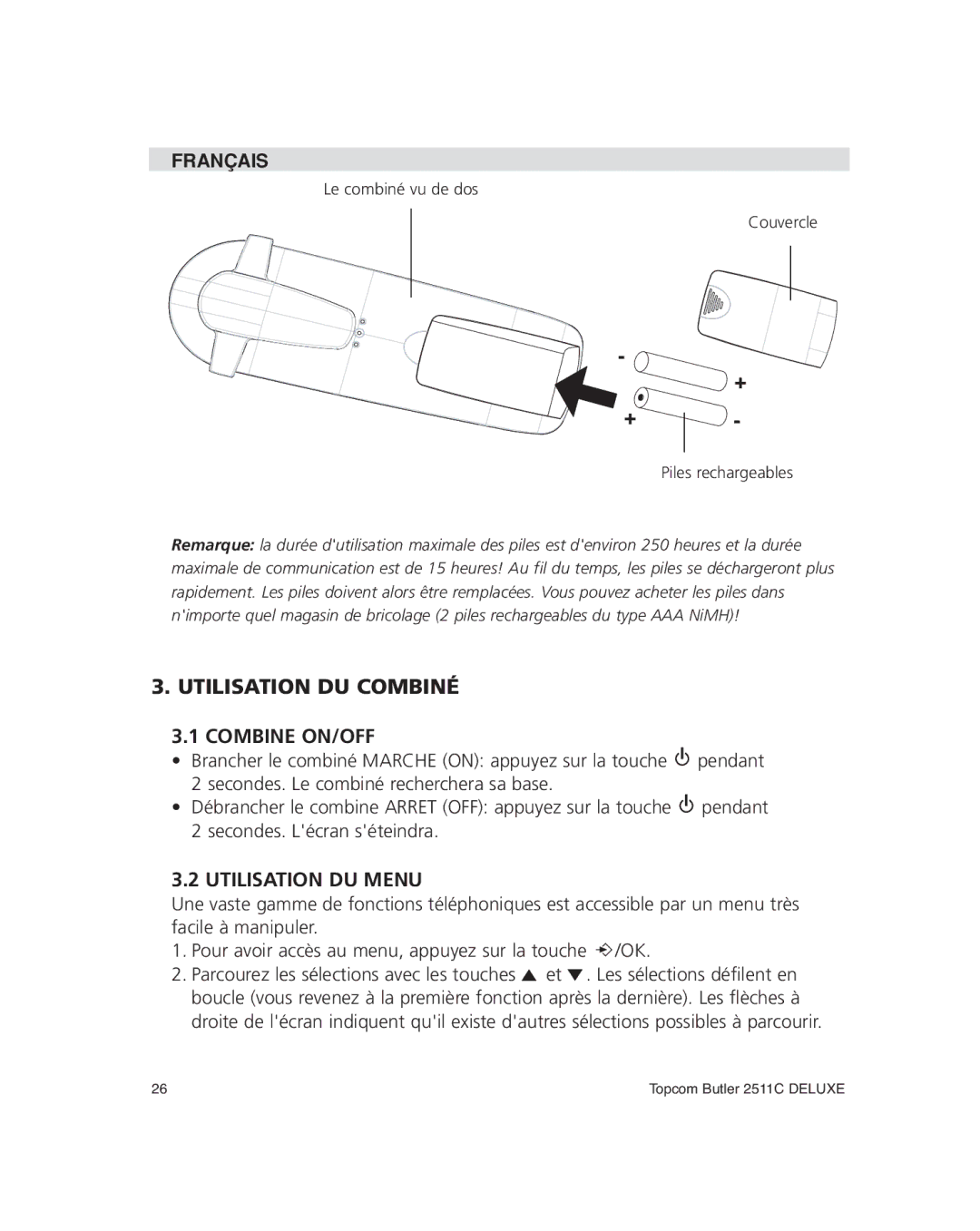 Topcom 2511C manual Utilisation DU Combiné Combine ON/OFF, Utilisation DU Menu 