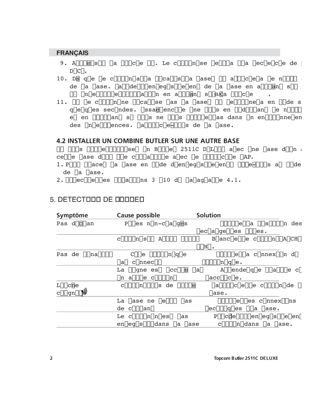 Topcom 2511C manual Installer UN Combine Butler SUR UNE Autre Base, Detection DE Pannes, Symptôme Cause possible Solution 