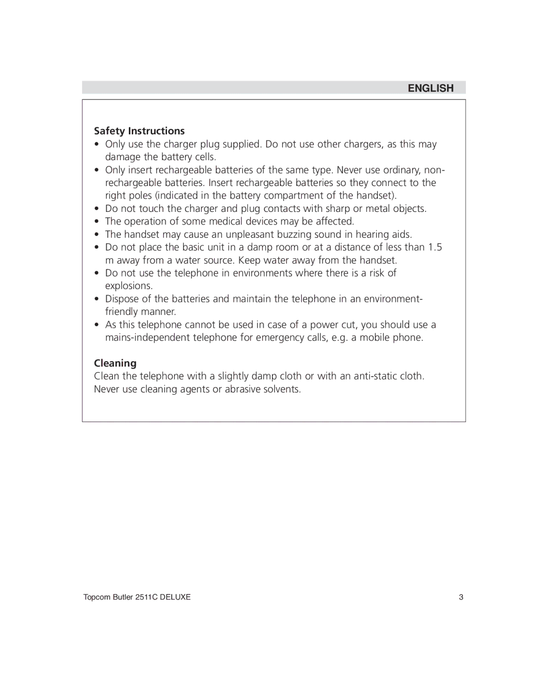 Topcom 2511C manual Safety Instructions, Cleaning 