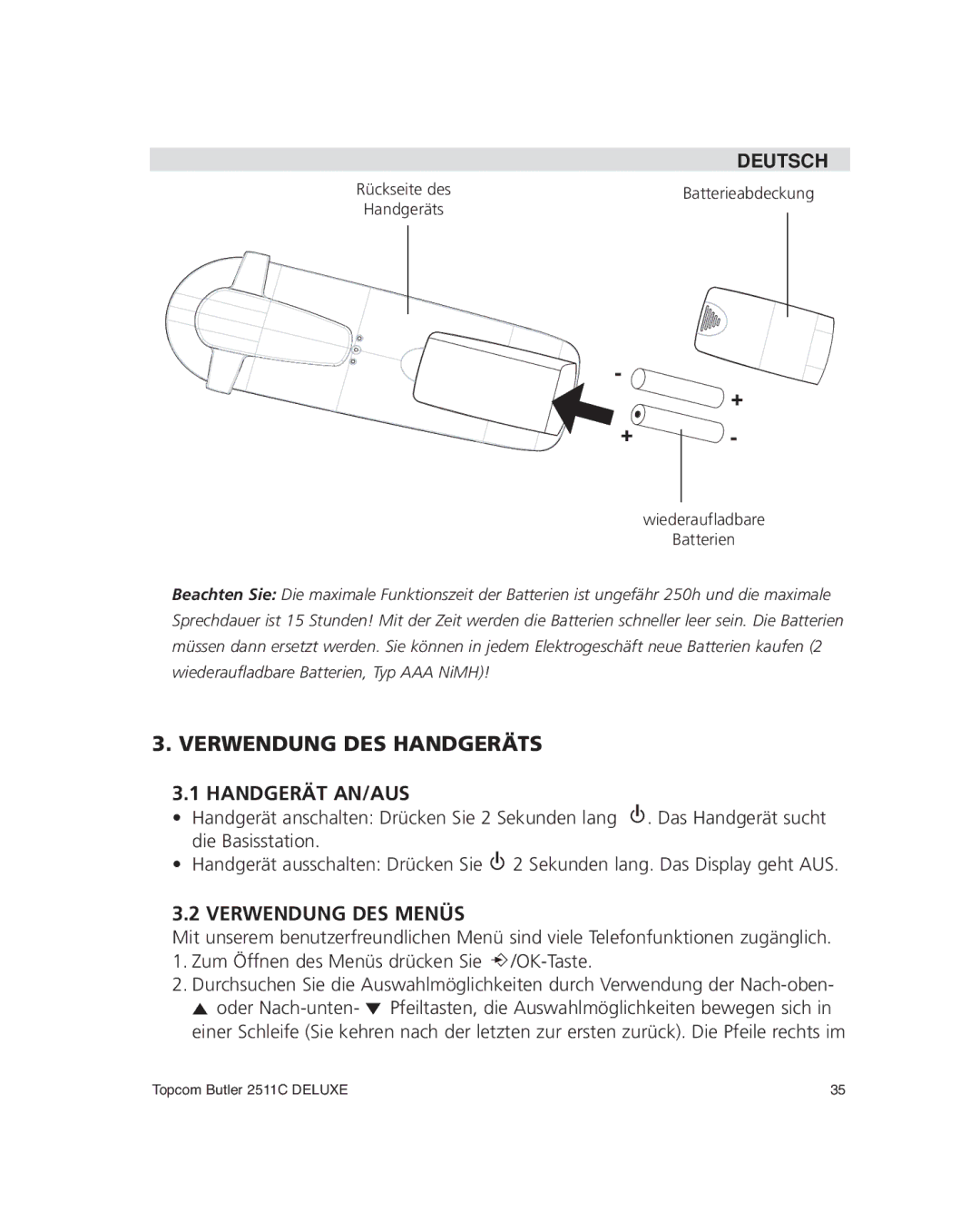 Topcom 2511C manual Verwendung DES Handgeräts Handgerät AN/AUS, Verwendung DES Menüs 