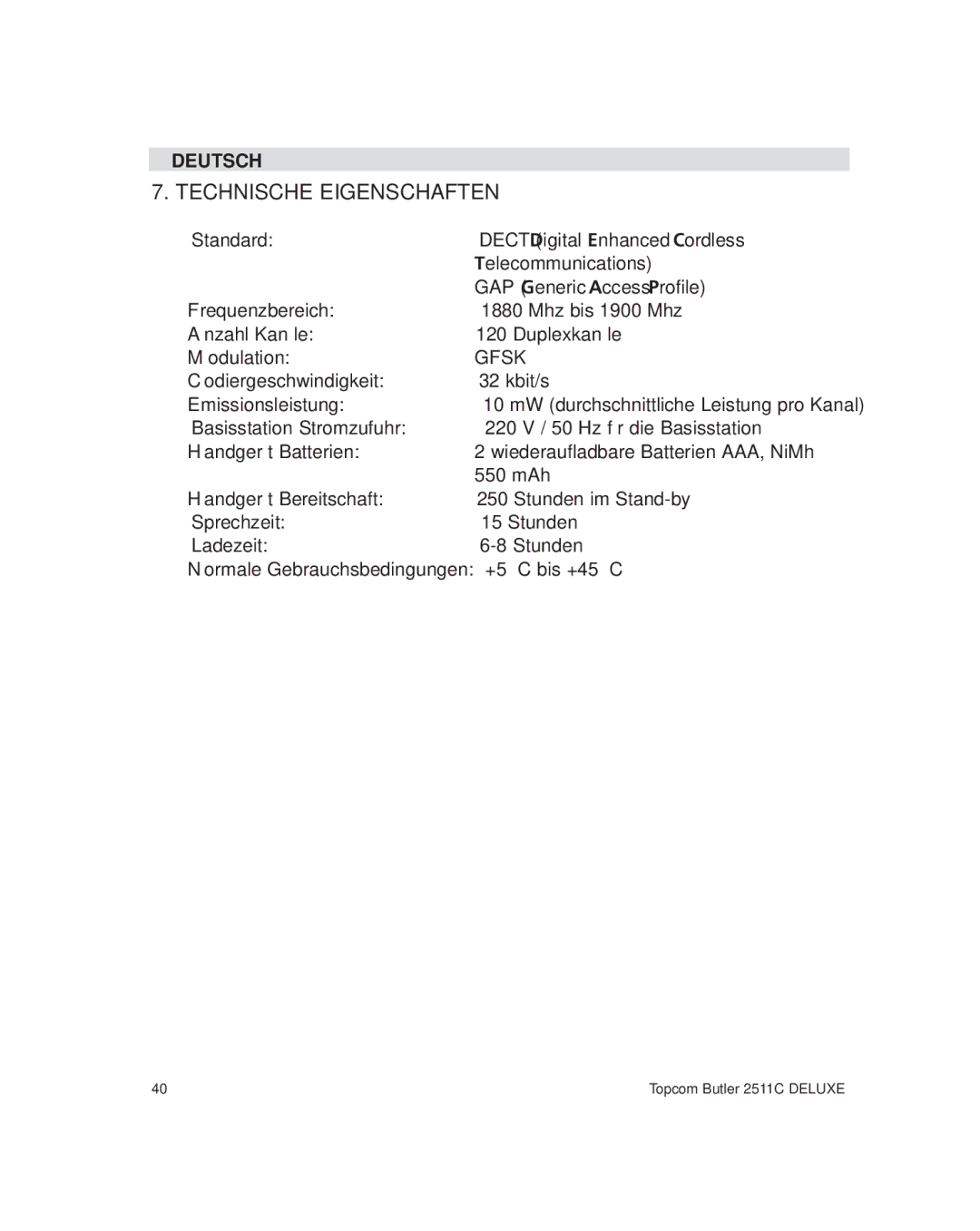 Topcom 2511C manual Technische Eigenschaften 