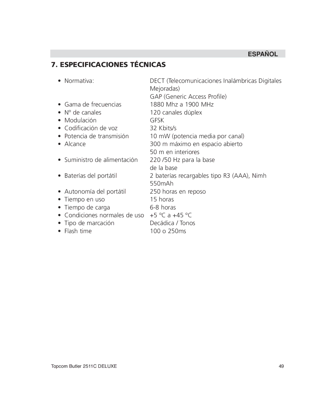 Topcom 2511C manual Especificaciones Técnicas 