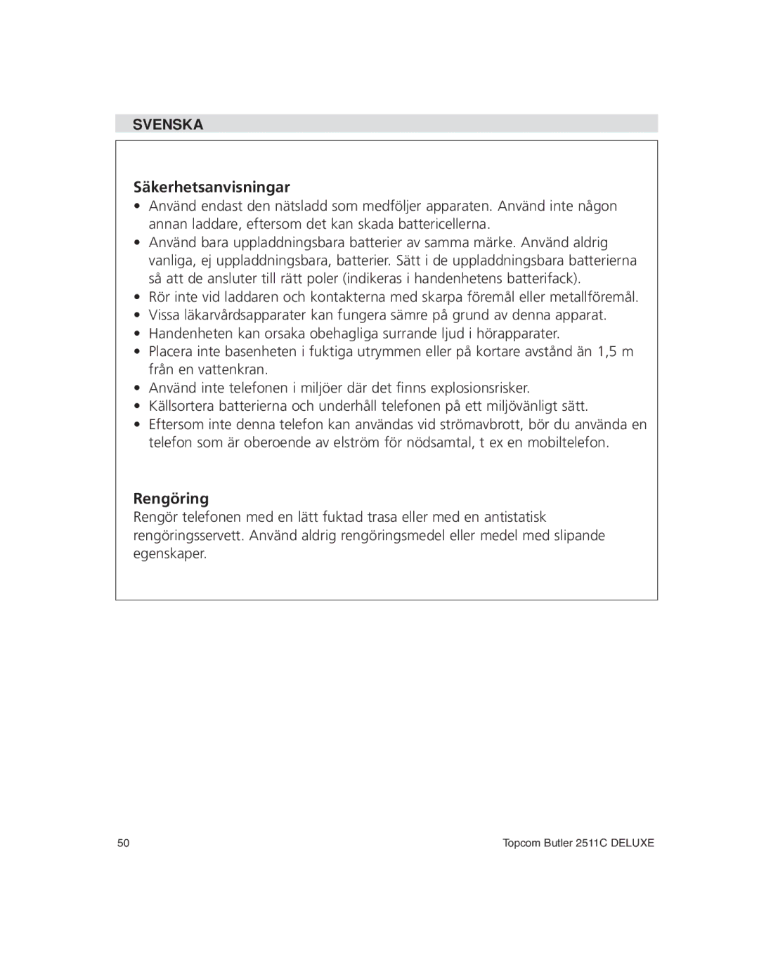 Topcom 2511C manual Säkerhetsanvisningar 