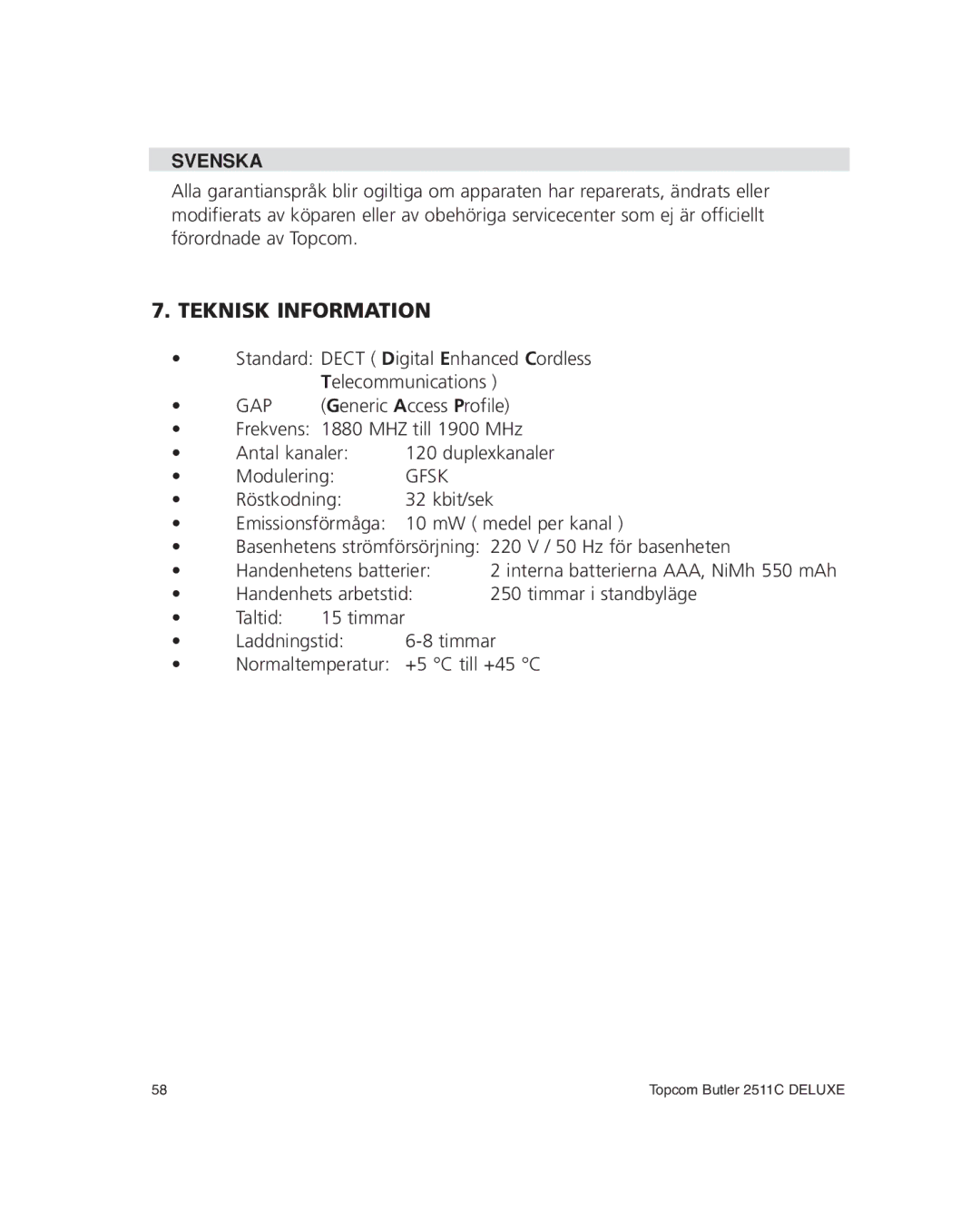 Topcom 2511C manual Teknisk Information, Gap 