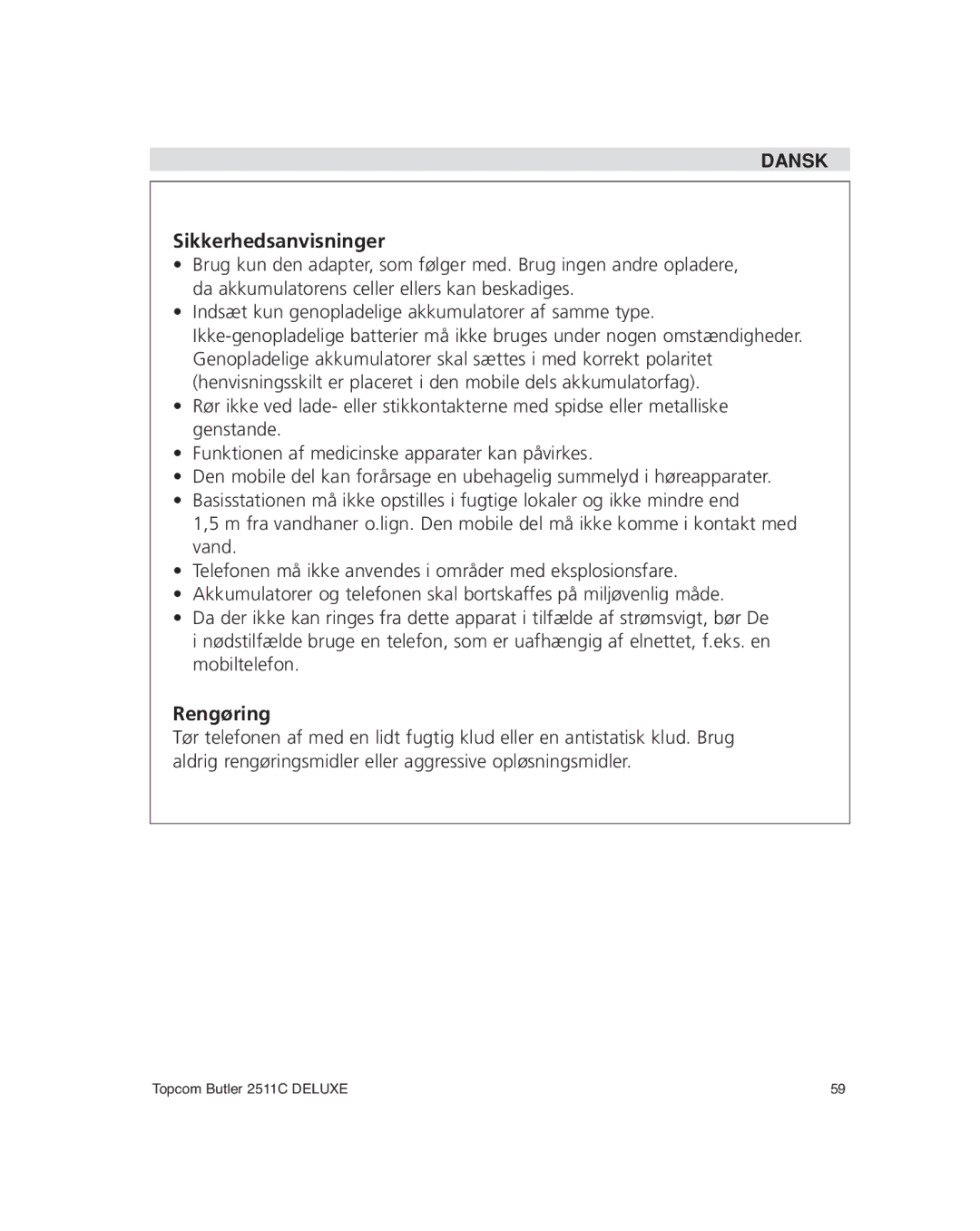 Topcom 2511C manual Sikkerhedsanvisninger 