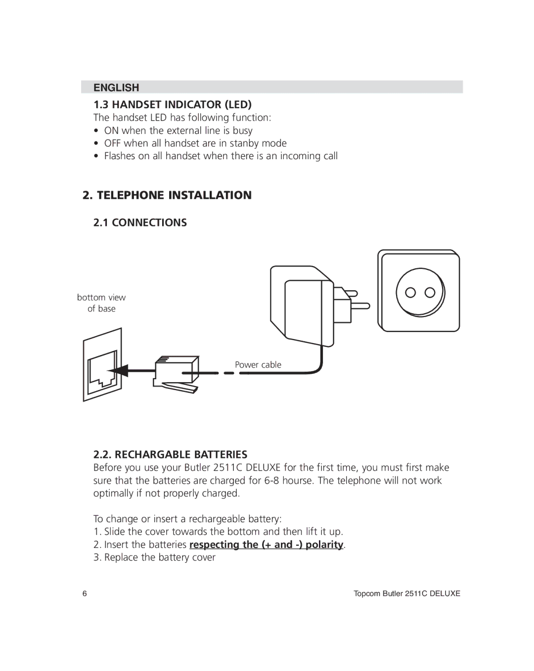 Topcom 2511C Telephone Installation Connections, Rechargable Batteries, Insert the batteries respecting the + and polarity 