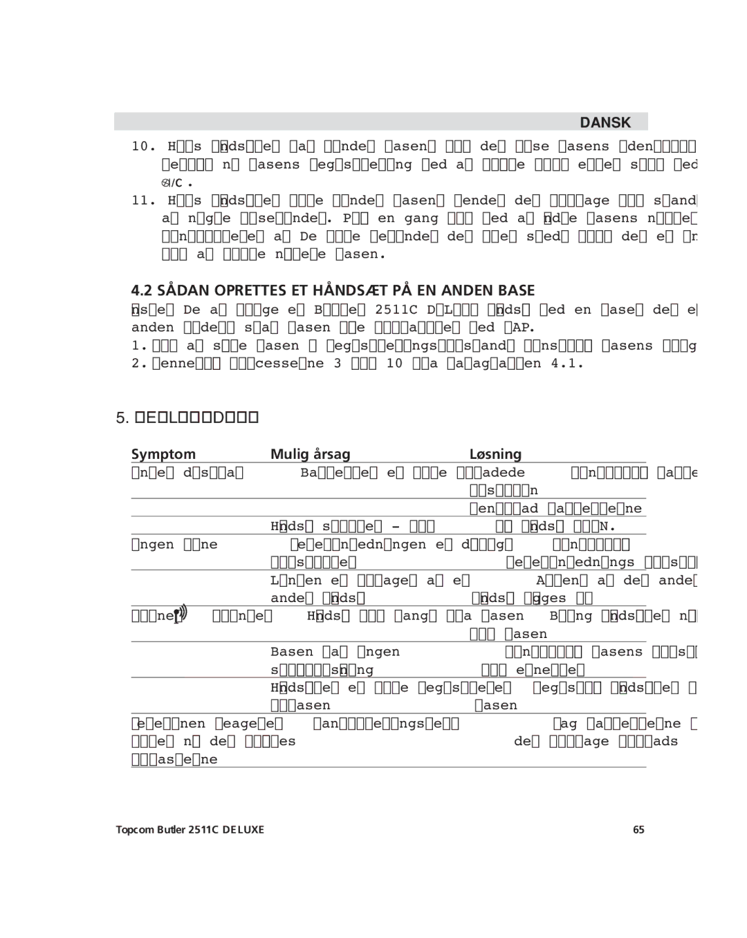 Topcom 2511C manual Sådan Oprettes ET Håndsæt PÅ EN Anden Base, Fejlfinding, Symptom Mulig årsag Løsning 