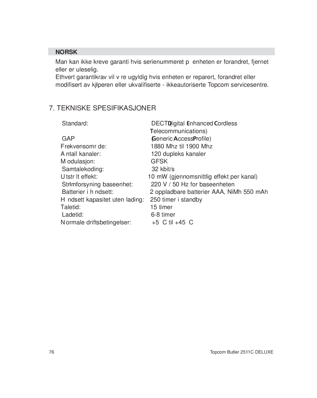 Topcom 2511C manual Tekniske Spesifikasjoner 