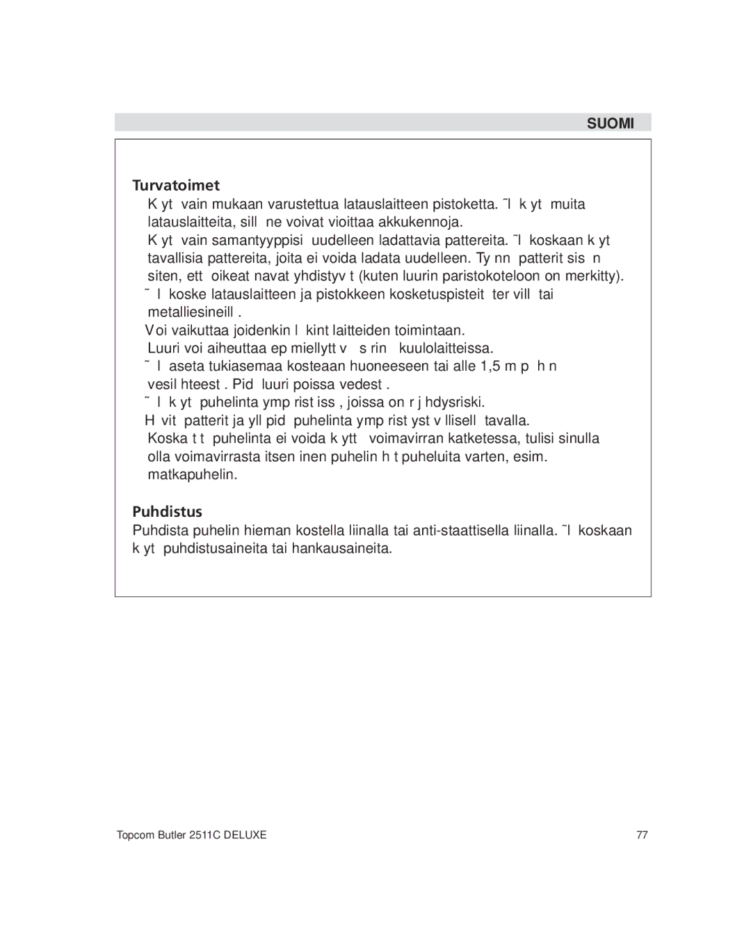 Topcom 2511C manual Turvatoimet 