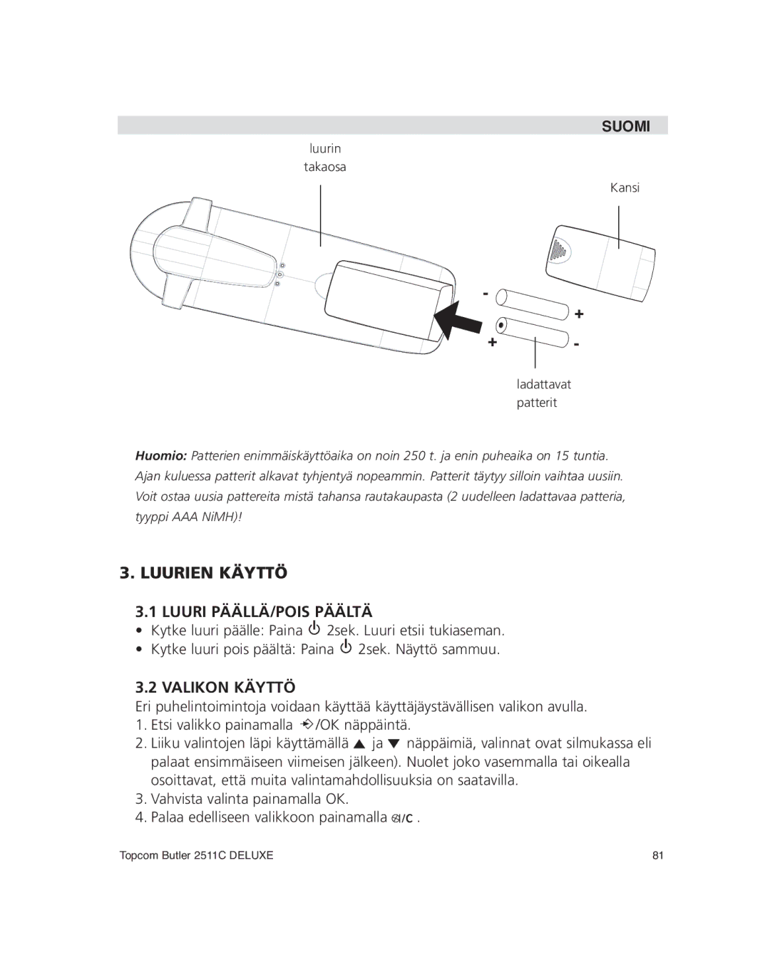 Topcom 2511C manual Luurien Käyttö Luuri PÄÄLLÄ/POIS Päältä, Valikon Käyttö 