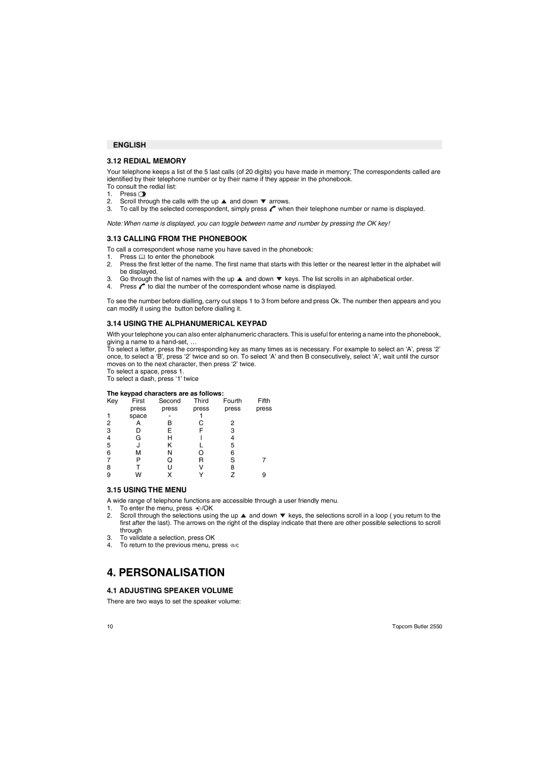 Topcom 2550 manual Personalisation, Calling from the Phonebook, Using the Alphanumerical Keypad, Using the Menu 