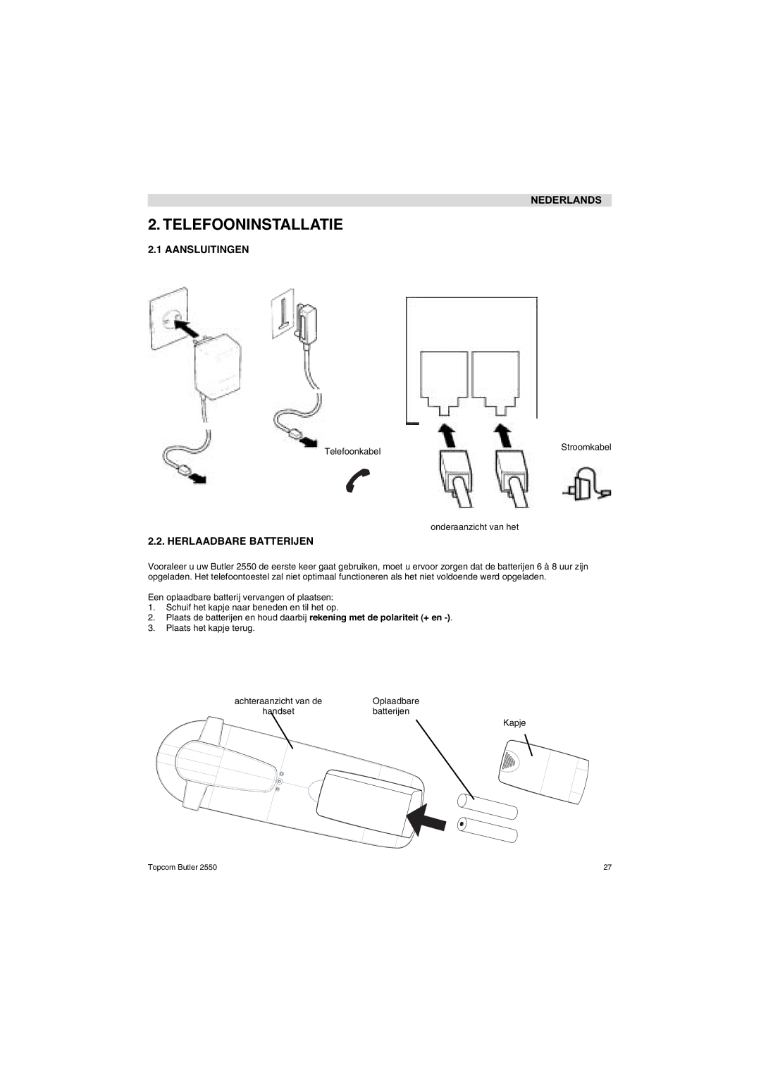 Topcom 2550 manual Telefooninstallatie, Aansluitingen, Herlaadbare Batterijen 