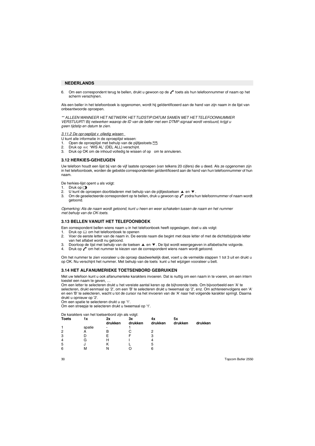 Topcom 2550 manual Herkies-Geheugen, Bellen Vanuit HET Telefoonboek, HET Alfanumerieke Toetsenbord Gebruiken 