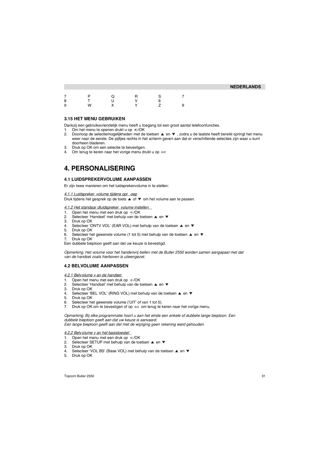 Topcom 2550 manual Personalisering, Nederlands HET Menu Gebruiken, Luidsprekervolume Aanpassen, Belvolume Aanpassen 