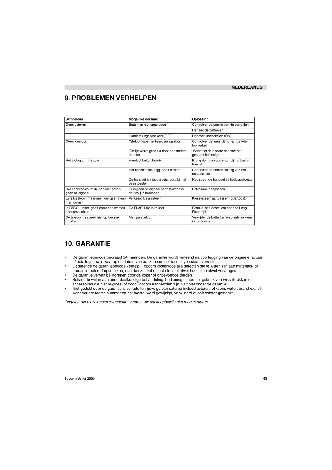 Topcom 2550 manual Problemen Verhelpen, Garantie 