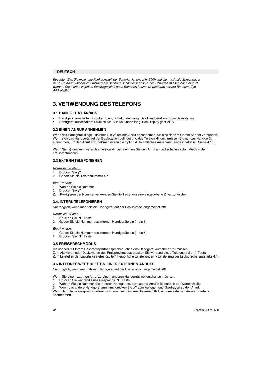 Topcom 2550 manual Verwendung DES Telefons 