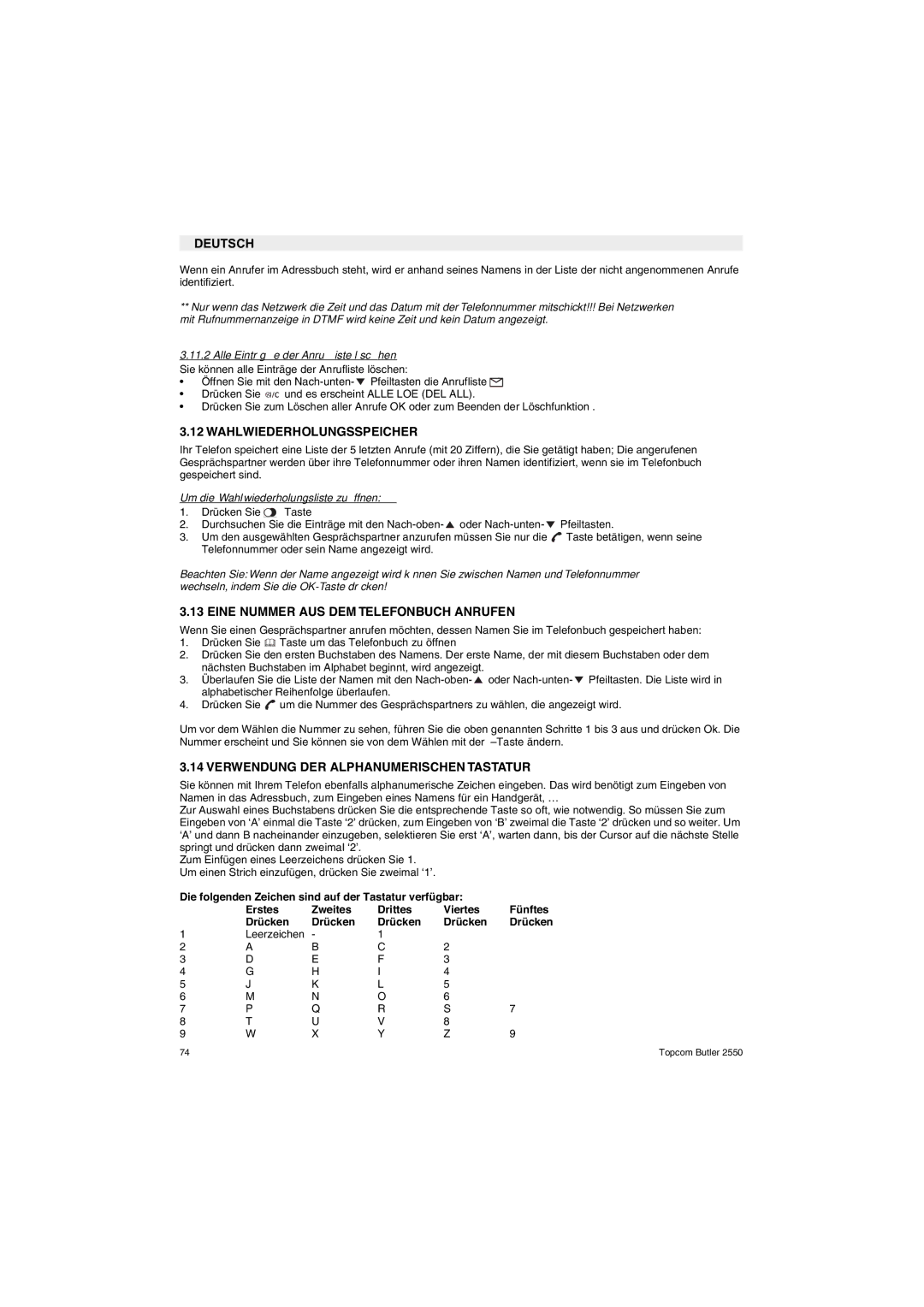 Topcom 2550 Wahlwiederholungsspeicher, Eine Nummer AUS DEM Telefonbuch Anrufen, Verwendung DER Alphanumerischen Tastatur 