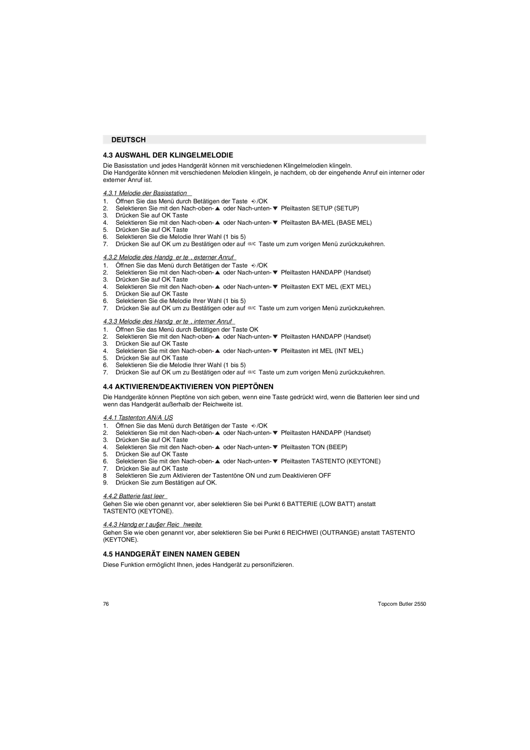 Topcom 2550 manual Deutsch Auswahl DER Klingelmelodie, AKTIVIEREN/DEAKTIVIEREN VON Pieptönen, Handgerät Einen Namen Geben 