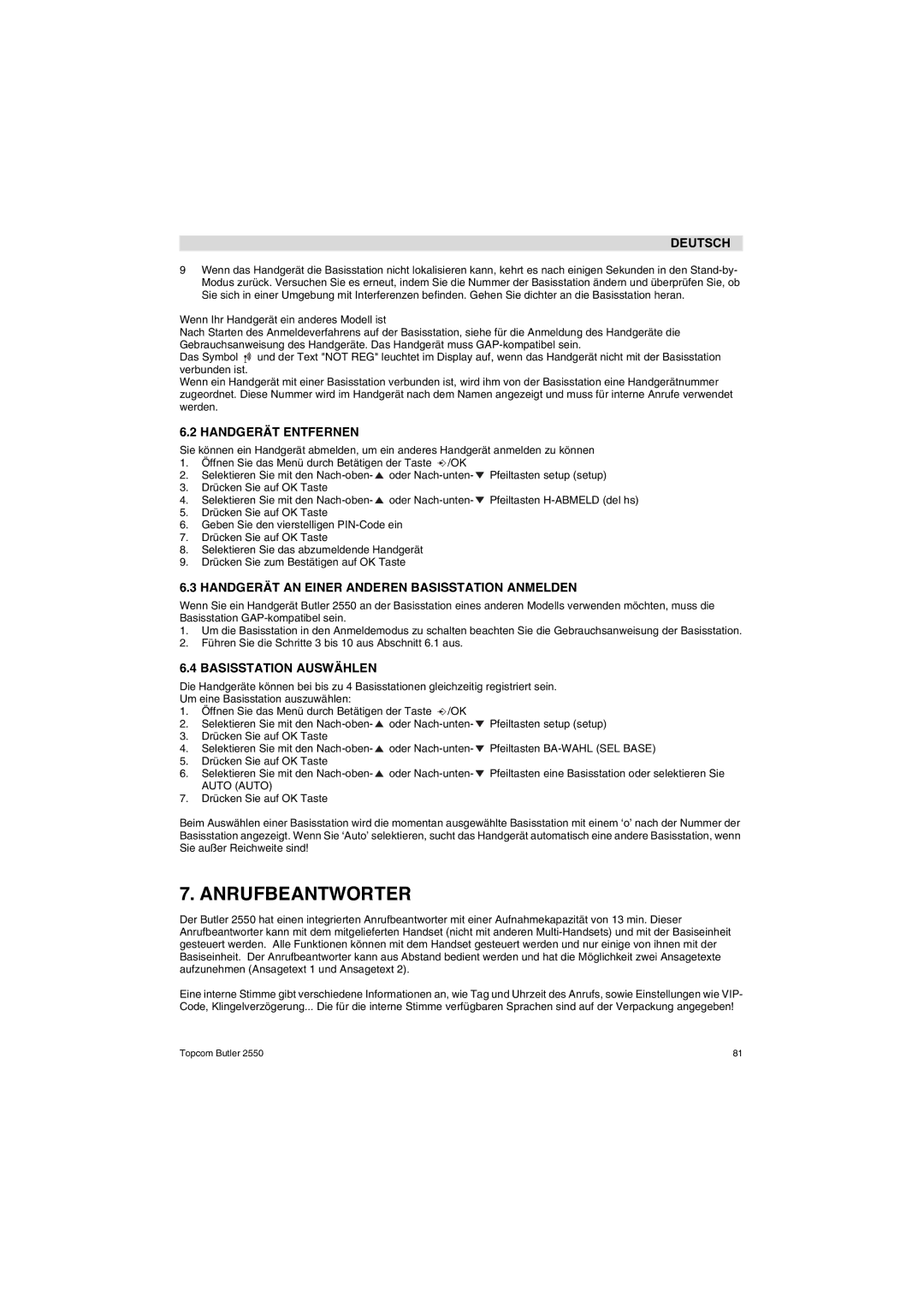 Topcom 2550 manual Anrufbeantworter, Handgerät Entfernen, Handgerät AN Einer Anderen Basisstation Anmelden 