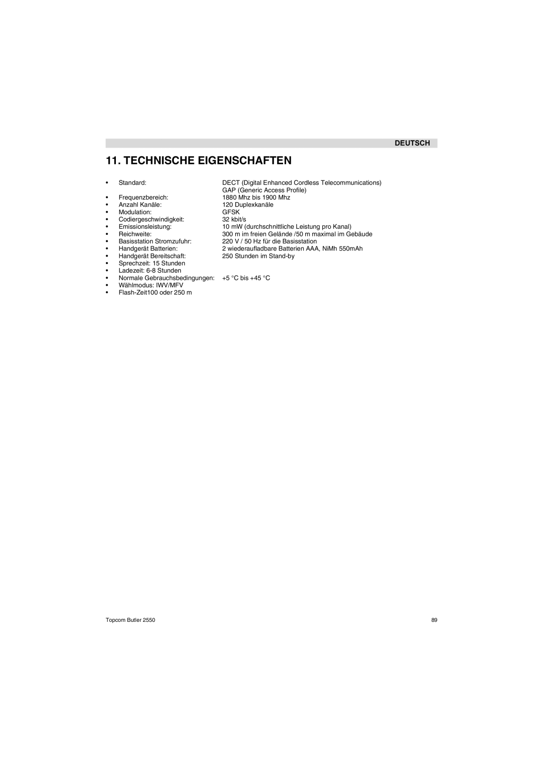 Topcom 2550 manual Technische Eigenschaften 