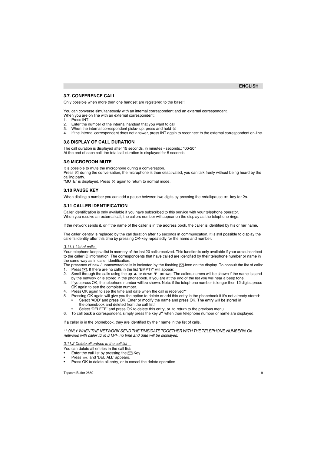 Topcom 2550 manual English Conference Call, Display of Call Duration, Microfoon Mute, Pause KEY, Caller Identification 