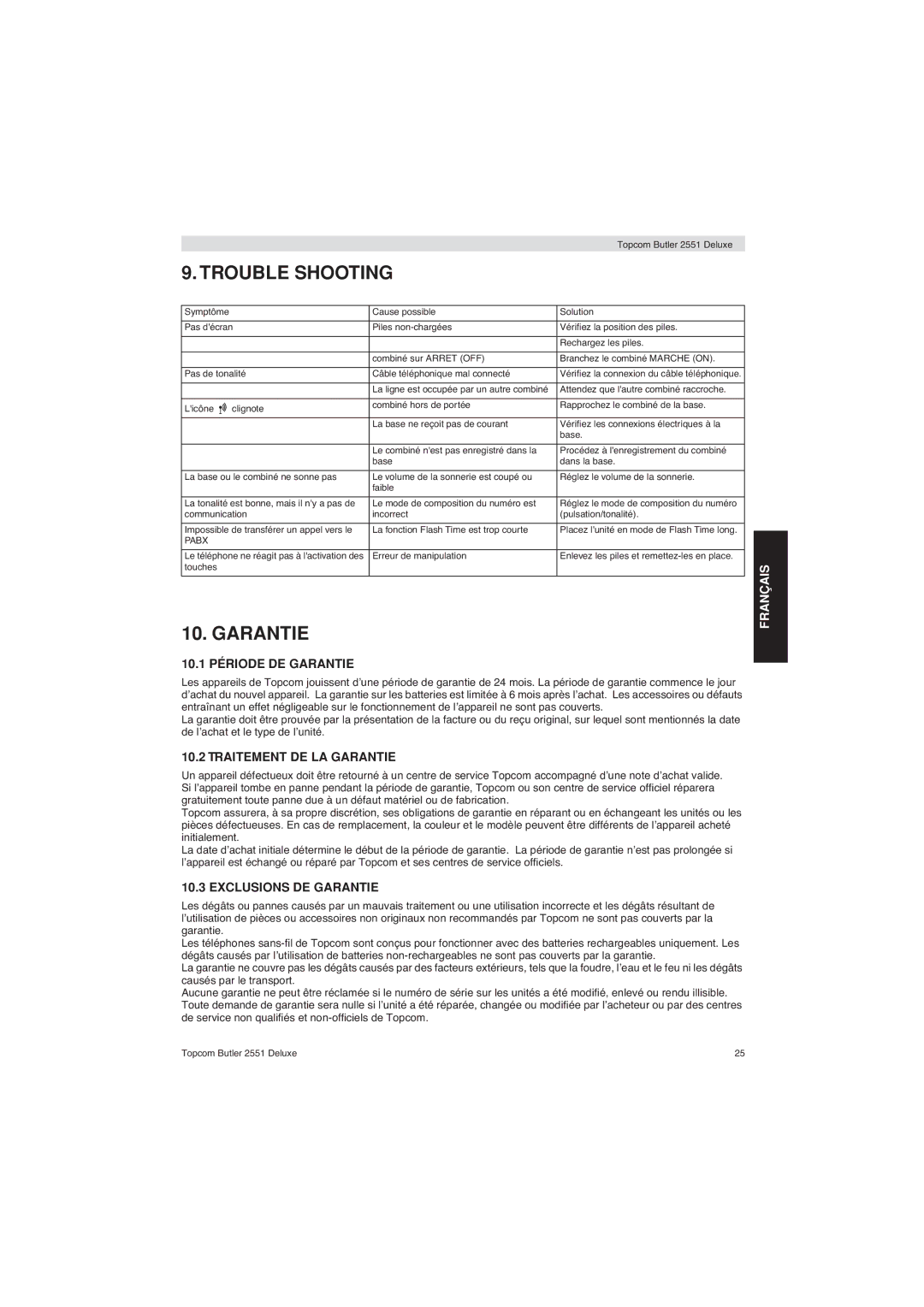 Topcom 2551 Deluxe manual Trouble Shooting, 10.1 Période DE Garantie, Traitement DE LA Garantie, Exclusions DE Garantie 