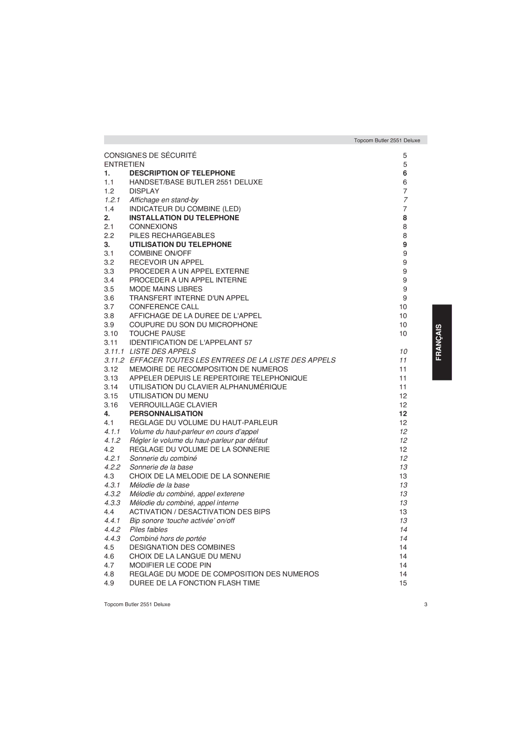 Topcom 2551 Deluxe manual Description of Telephone, Installation DU Telephone, Utilisation DU Telephone 