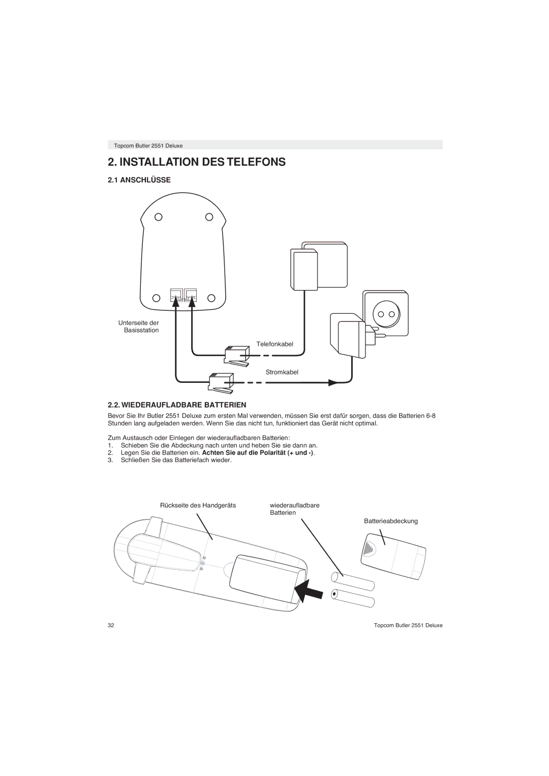 Topcom 2551 Deluxe manual Installation DES Telefons, Anschlüsse, Wiederaufladbare Batterien 