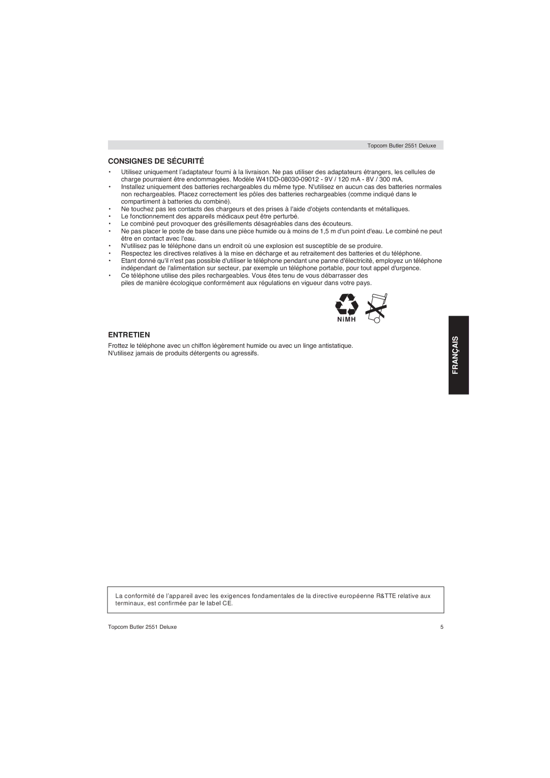 Topcom 2551 Deluxe manual Consignes DE Sécurité, Entretien 