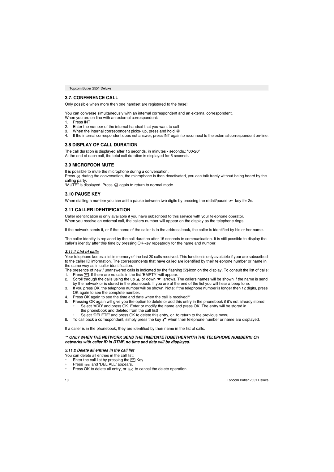 Topcom 2551 manual Conference Call, Display of Call Duration, Microfoon Mute, Pause KEY, Caller Identification 