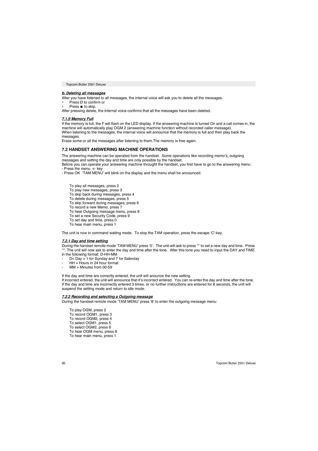 Topcom 2551 manual Handset Answering Machine Operations, Deleting all messages, Memory Full, Day and time setting 