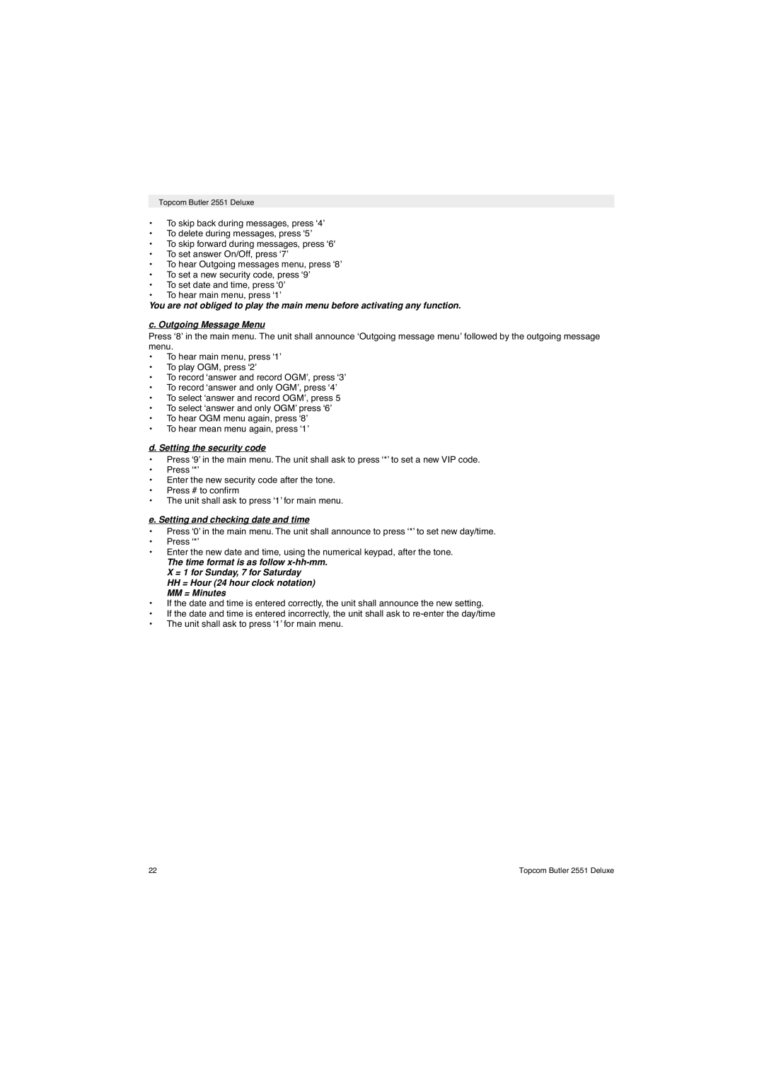 Topcom 2551 manual Setting the security code, Setting and checking date and time 