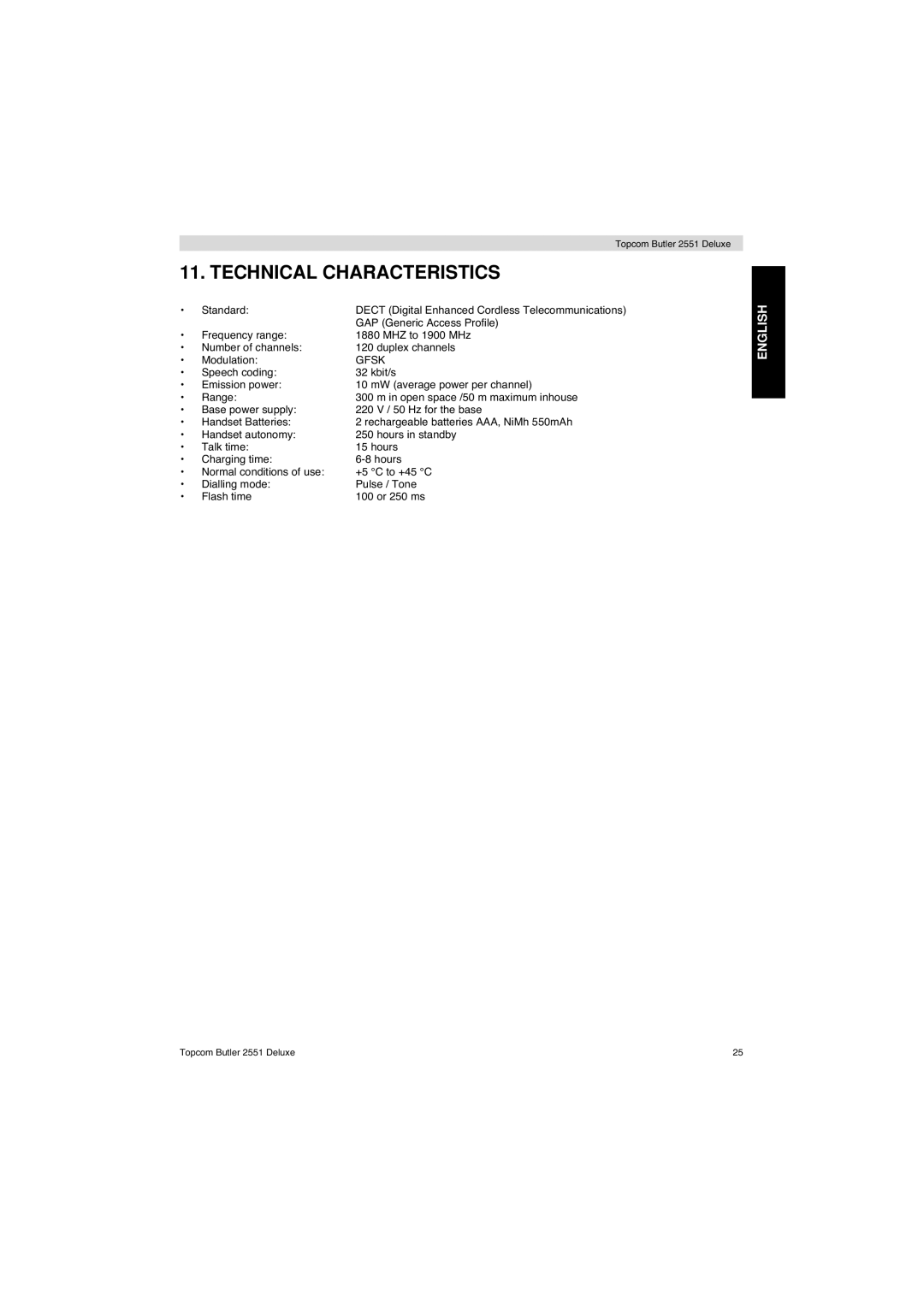 Topcom 2551 manual Technical Characteristics, Gfsk 