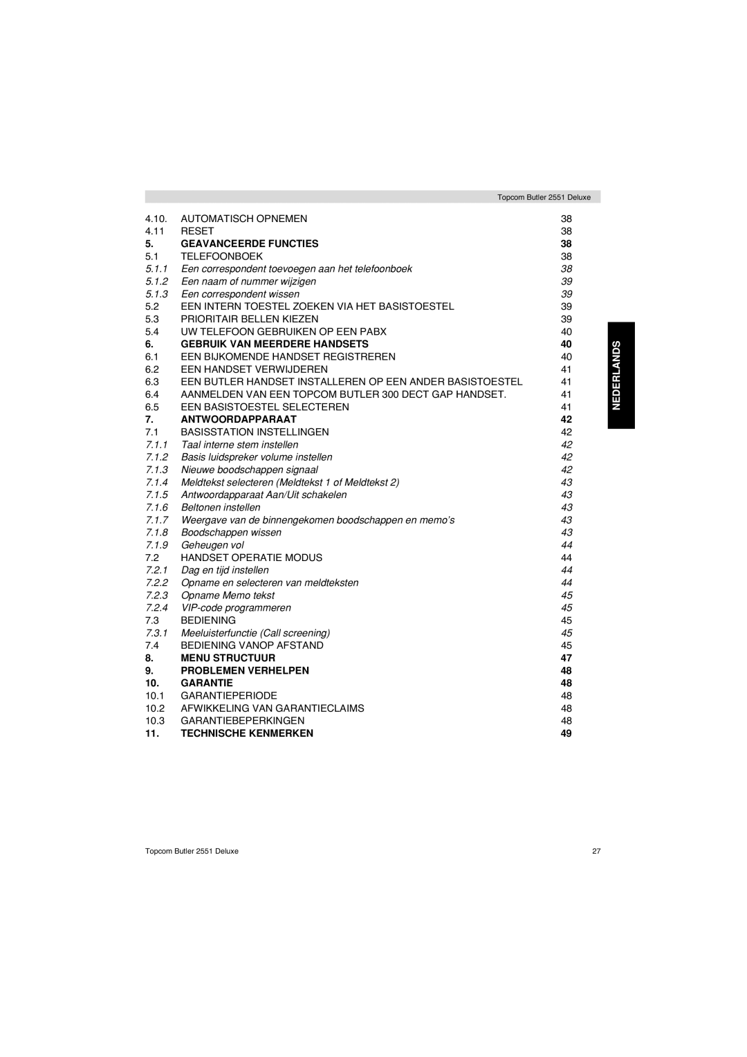 Topcom 2551 manual Geavanceerde Functies, Gebruik VAN Meerdere Handsets, Antwoordapparaat, Technische Kenmerken 