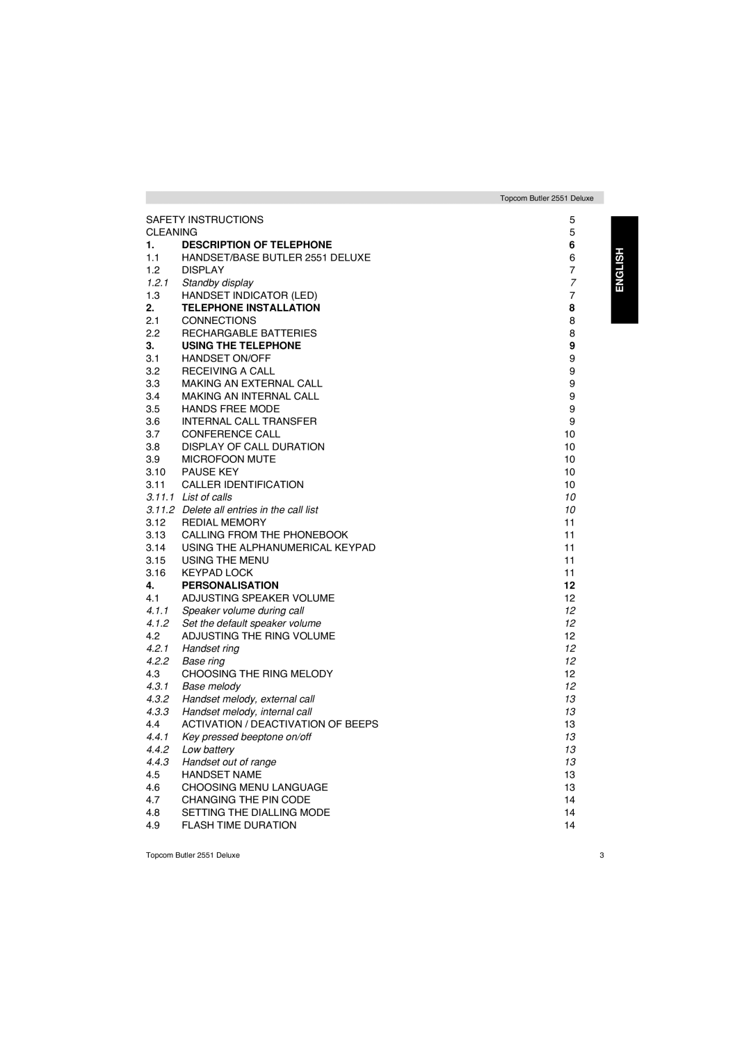 Topcom 2551 manual Description of Telephone, Telephone Installation, Using the Telephone, Personalisation 