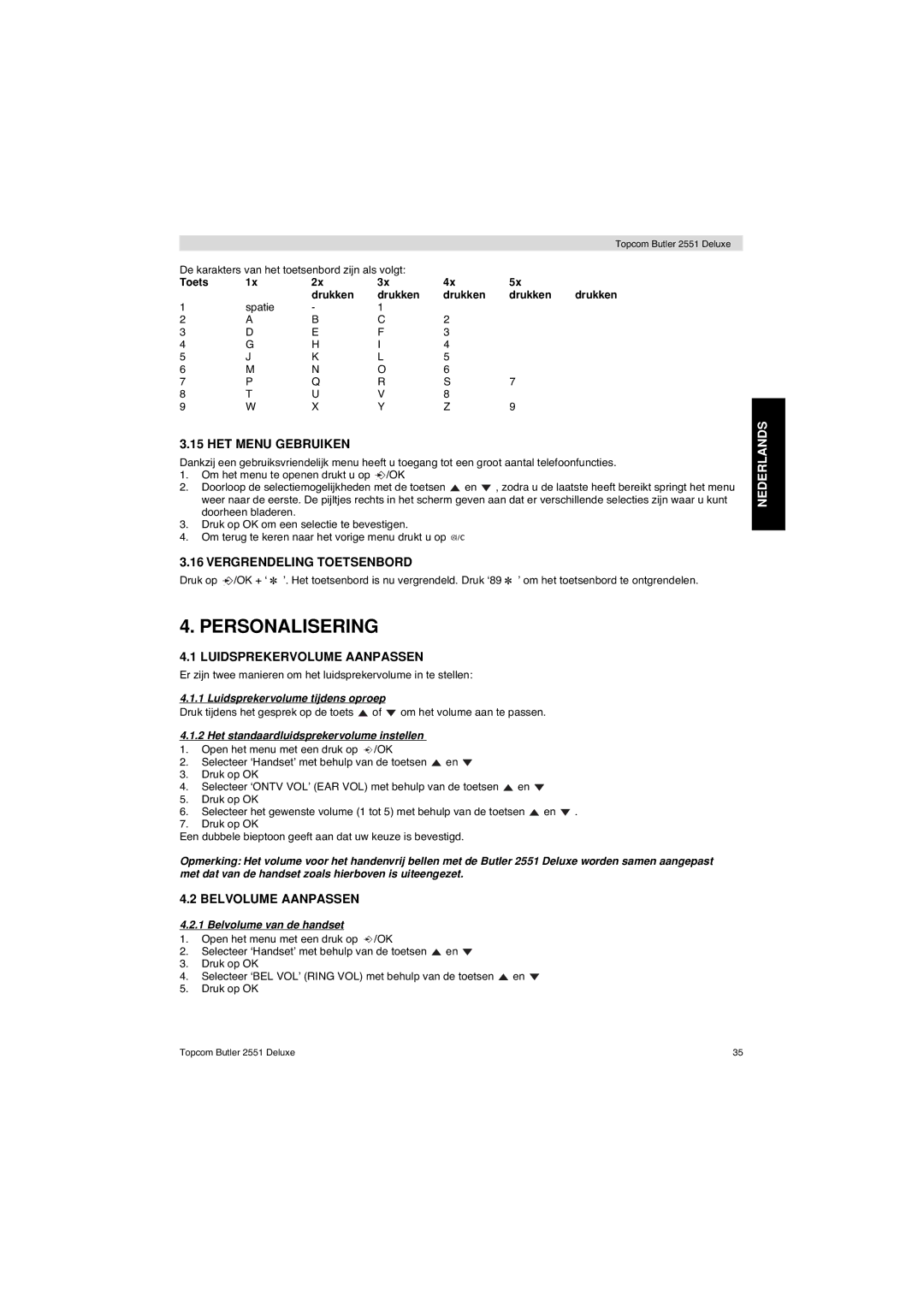 Topcom 2551 manual Personalisering, HET Menu Gebruiken, Vergrendeling Toetsenbord, Luidsprekervolume Aanpassen 