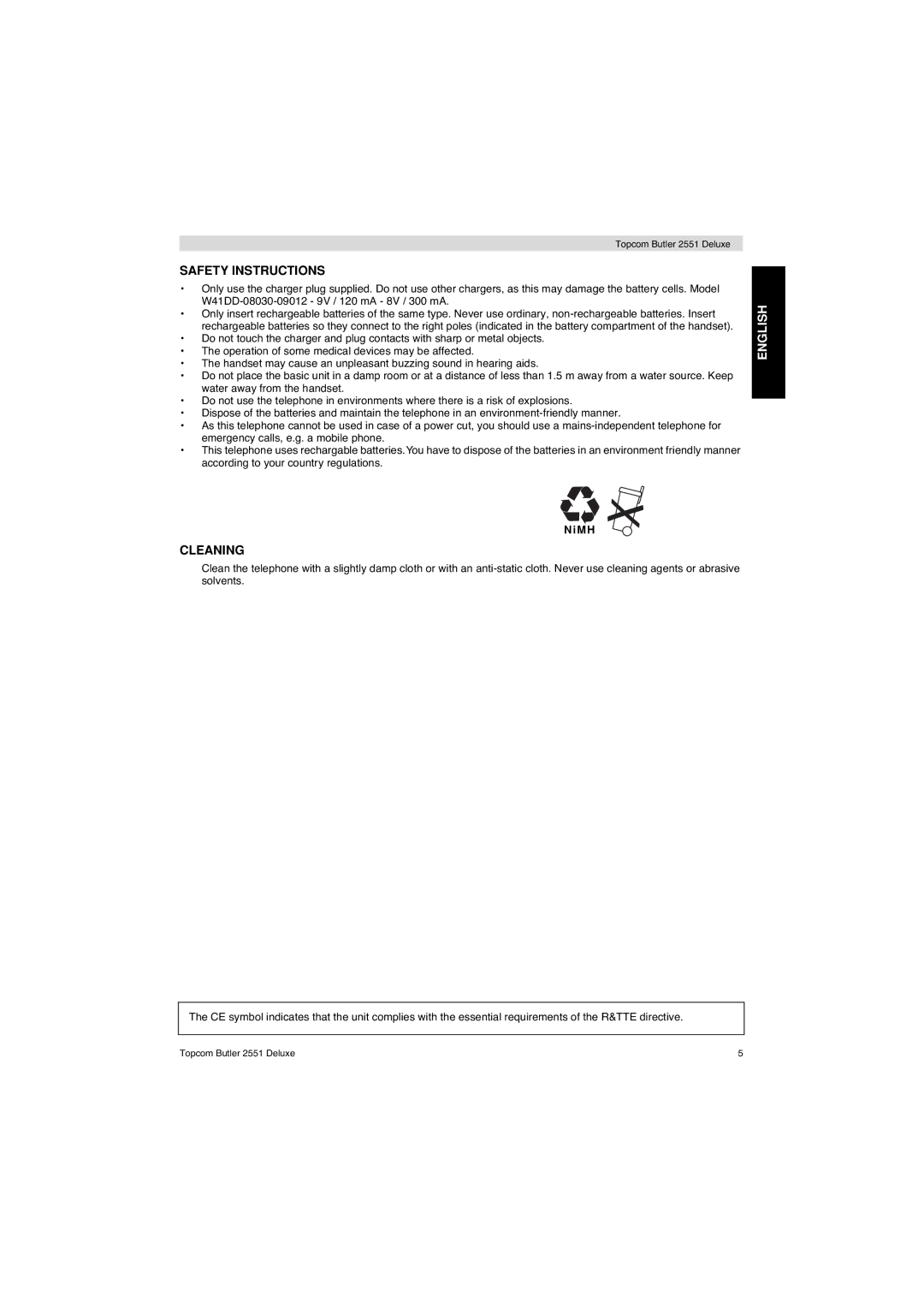 Topcom 2551 manual Safety Instructions, Cleaning 