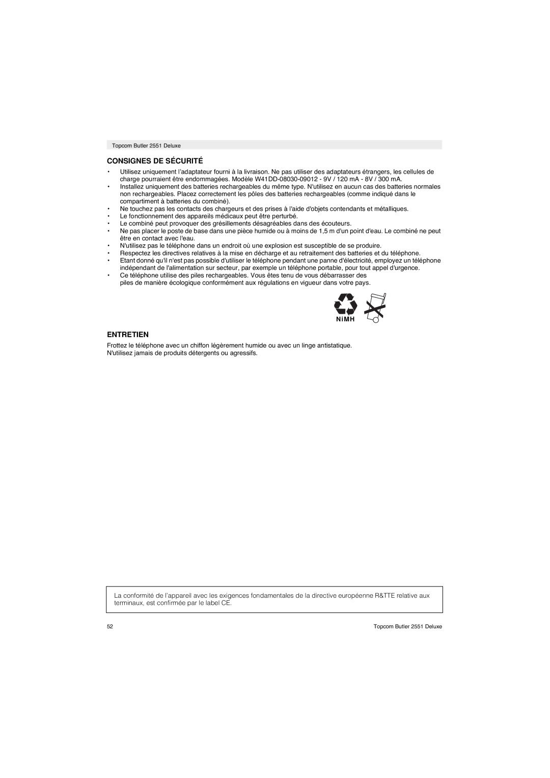 Topcom 2551 manual Consignes DE Sécurité, Entretien 