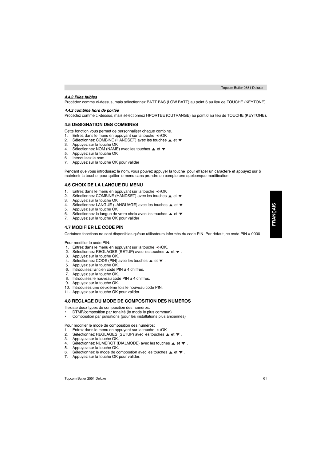 Topcom 2551 manual Designation DES Combines, Choix DE LA Langue DU Menu, Modifier LE Code PIN 