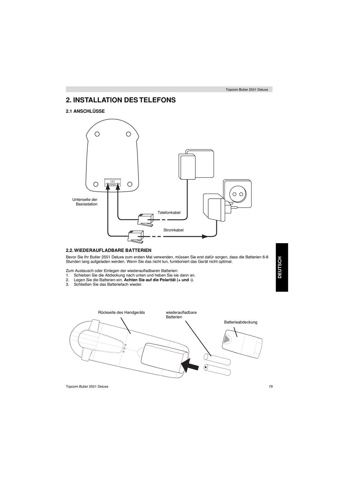 Topcom 2551 manual Installation DES Telefons, Anschlüsse, Wiederaufladbare Batterien 