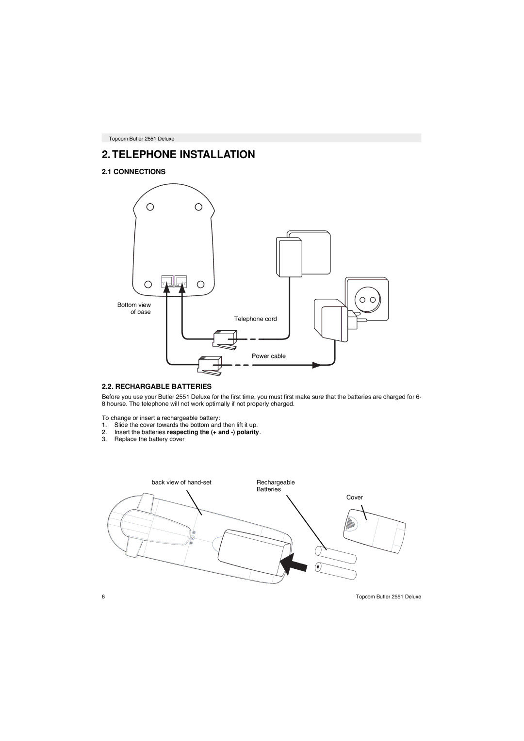 Topcom 2551 manual Telephone Installation, Connections, Rechargable Batteries 