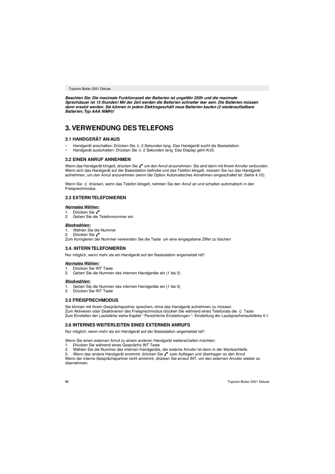 Topcom 2551 manual Verwendung DES Telefons 