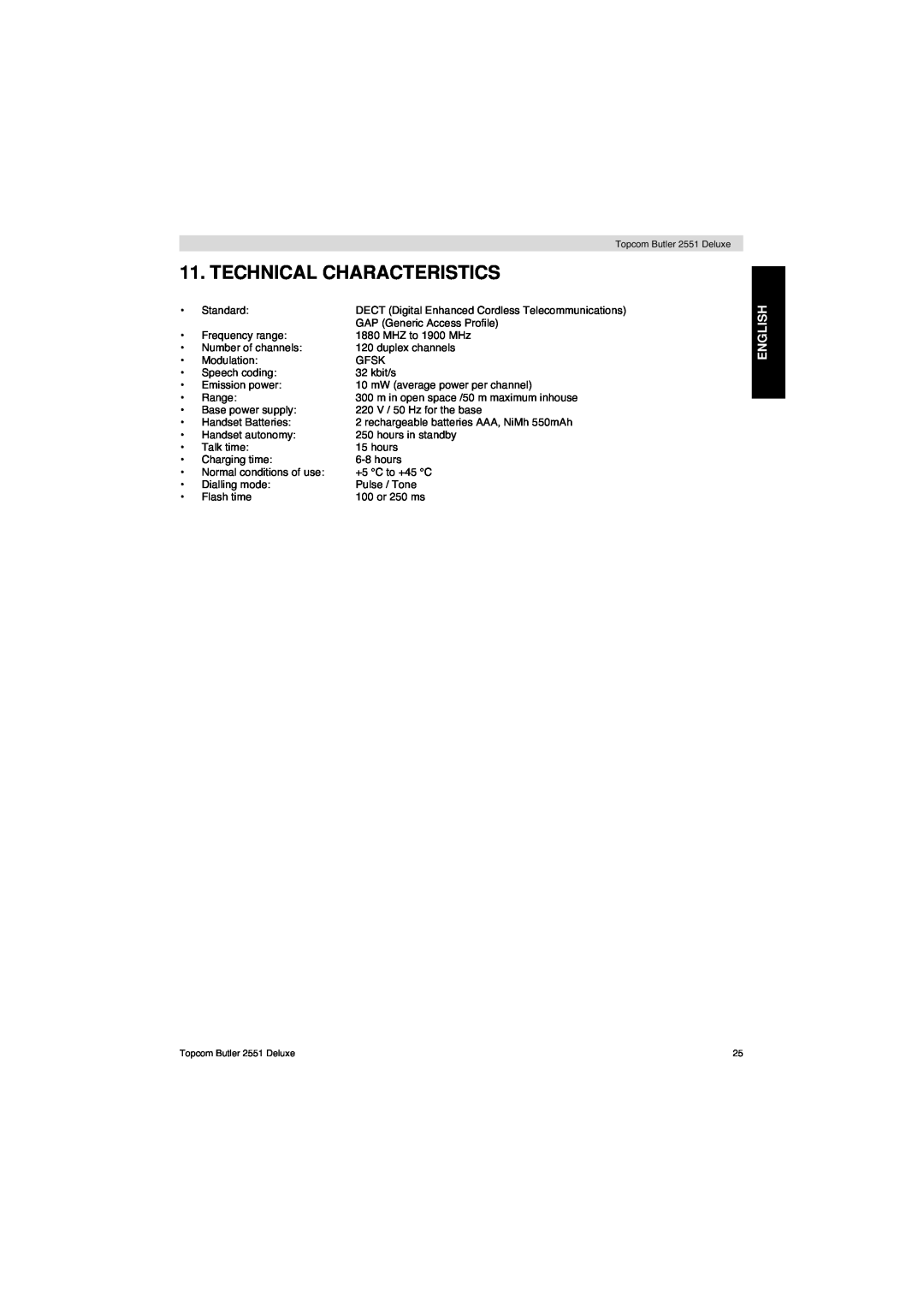 Topcom 2551 manual Technical Characteristics, English 